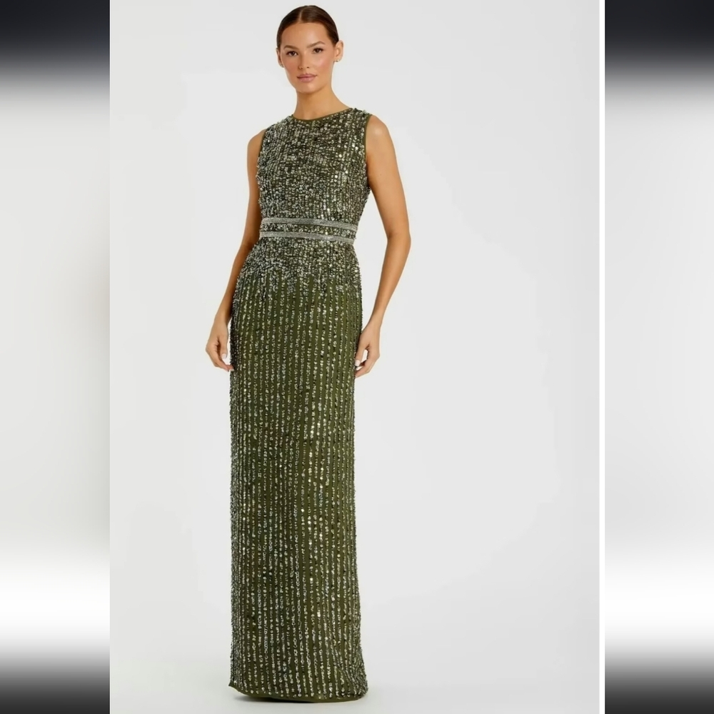 Mac Duggal Olive Green Beaded Sleeveless Maxi Gown